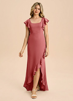 Azazie Demi Junior Vestido de Rosa Antigua de Satén Elástico de Corte Sirena con Lazo image3