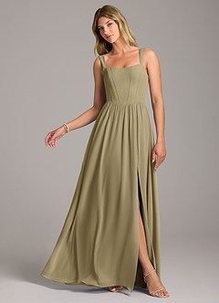 Azazie Rosaline Bridesmaid Dresses Moss Green A-Line Side Slit Chiffon Dress image1