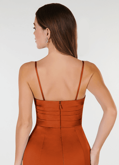 Azazie Yola Bridesmaid Dresses Burnt Orange Sheath V-Neck Pleated Stretch Satin Convertible Dress image8