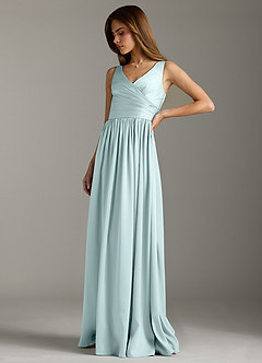Azazie Keyla Bridesmaid Dresses Sea Glass A-Line Pleated Stretch Satin Dress image6