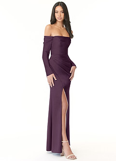 Azazie Hallie Bridesmaid Dresses Plum Mermaid Off-The-Shoulder Long Sleeve Stretch Satin Convertible Dress image5