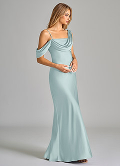 Azazie Celina Bridesmaid Dresses Mist Sheath Off the Shoulder Stretch Satin Dress image6