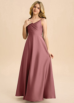 Azazie Bug Junior A-Line Plisseret Stræk satin Gulv-længde Junior brudepige Kjole image3