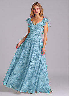 Azazie Leilani Bridesmaid Dresses Blue Fern Floral A-Line Pleated Chiffon Dress image1