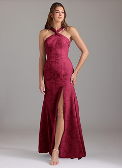 Azazie Rue Brautjungfernkleider A-Linie Plissee Blumen-Burnout Kleid Burgunderrot image1