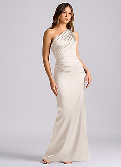 Azazie Akilah Bridesmaid Dresses White Alabaster Mermaid One Shoulder Stretch Satin Dress image1