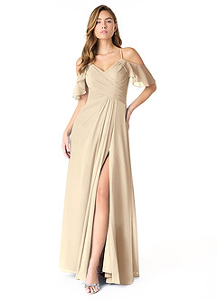 Azazie Dakota Bridesmaid Dresses Champagne A-Line V-Neck Pleated Chiffon Dress image1