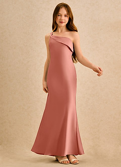 Azazie Almond Girls Formal Jurken voor bloemenmeisjes Kokerjurk Jurk van Stretch Satijn One-shoulder Zalm Roze image6