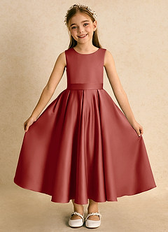 Azazie Junebuj Flower Girl Dresses Terracotta Ball-Gown Pleated Matte Satin Dress image4