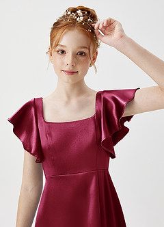 Azazie Bondi Junior Burgundy A-Line Side Slit Metallic Satin Dress image5