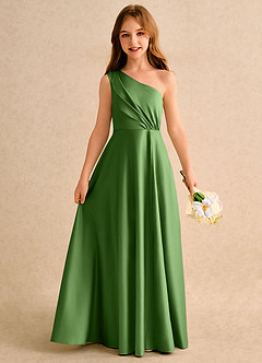 Azazie Puddles Girls Formal Flower Girl Dresses Basil A-Line One Shoulder Matte Satin Dress image1