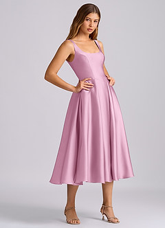 Azazie Amalie Vestidos de damas de honor Vestido de Rosa Caramelo de Satén Elástico de Línea A con Plisado image7