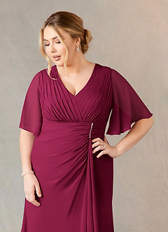 Azazie Carson vestidos de madre de la novia Vestido Borgoña de Gasa de Corte en A con Encaje de cuello en V image10