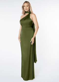 Azazie Kaylani Bridesmaid Dresses Olive Mermaid High Neck Stretch Satin Dress image3
