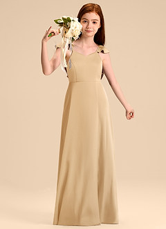 Azazie Everett Junior Vestido de Oro de Satén Elástico de Corte en A con Lazo image5