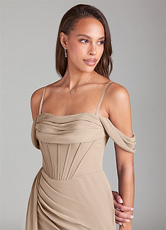 Azazie Amyra Bridesmaid Dresses Taupe Sheath Off the Shoulder Chiffon Convertible Dress image6