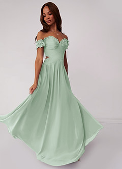 Barbie ♥ Azazie Jurken voor bruidsmeisjes Converteerbaar Jurk van Chiffon met A-Lijn Off the Shoulder Agave image2