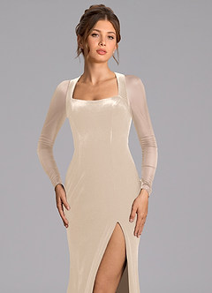 Azazie Megan Final Sale Champagne Mermaid Long Sleeve Mesh Dress image6