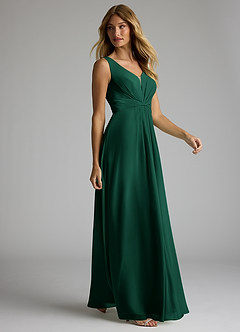 Azazie Gina Bridesmaid Dresses Emerald A-Line V-Neck Pleated Chiffon Dress image3