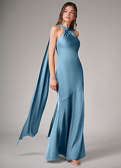 Azazie Kinsley Bridesmaid Dresses Steel Blue Mermaid Side Slit Stretch Satin Dress image3