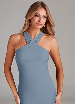 Azazie Doretta Bridesmaid Dresses Dusty Blue Mermaid Pleated Chiffon Dress image5