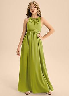 Azazie Jaylah Junior Lemongrass A-Line Pleated Stretch Satin Dress image5