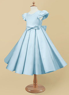 Azazie Jewel Flower Girl Dresses Sky Blue Ball-Gown Pleated Matte Satin Dress image6