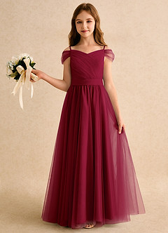 Azazie Yuna Girls Formal Abiti da Ragazza di Fiori Abito A-Line in Tulle a Spalla Scoperta Borgogna image3