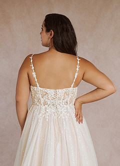Azazie Florian Probar vestidos en casa Vestido de Blanco Diamante Champán de Tul de Acampanado con Lentejuelas cuello pico image14