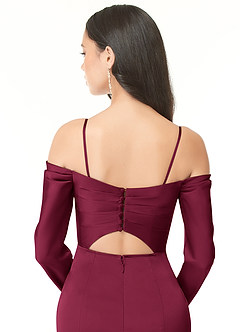 Azazie Hallie Bridesmaid Dresses Burgundy Mermaid Off-The-Shoulder Long Sleeve Stretch Satin Convertible Dress image7