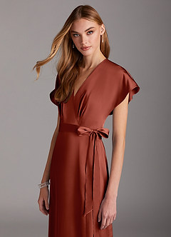 Azazie Nico Bridesmaid Dresses Terracotta A-Line V-Neck Stretch Satin Dress image6