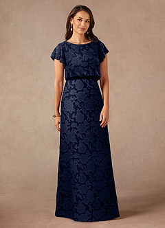 Azazie Lehi Mother of the Bride Dresses Dark Navy A-Line Boatneck Floral Burnout Dress image3