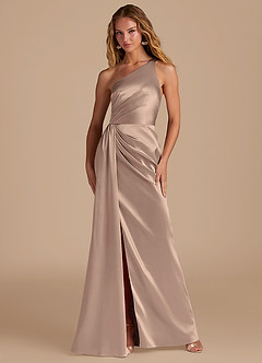 Azazie Mika Bridesmaid Dresses Taupe Sheath One Shoulder Metallic Satin Dress image1
