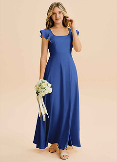 Azazie Bondi Junior Vestido de Azul Real de Satén Elástico de Corte en A con Corte Lateral image4