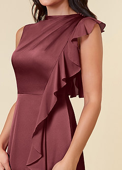 Azazie Narine Mother of the Bride Dresses Merlot A-Line High Neckline Pleated Stretch Satin Dress image4