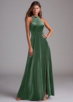 Azazie Clarice Bridesmaid Dresses Eucalyptus A-Line Side Slit Velvet Dress image1