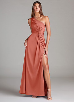 Azazie Brooke Robes de demoiselle d'honneur Robe Trapèze en Satin extensible Une épaule Rose Saumon image2