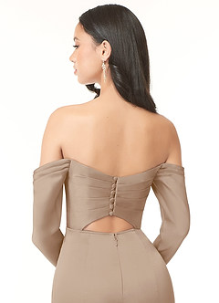 Azazie Hallie Bridesmaid Dresses Taupe Sheath Off-The-Shoulder Long Sleeve Stretch Satin Convertible Dress image7