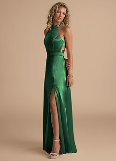 Azazie Clarice Bridesmaid Dresses Dark Green A-Line High Neck Metallic Satin Dress image3