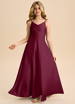 Azazie Bug Junior A라인 주름진 스트레치 새틴 플로어 길이 주니어 신부 들러리 드레스 image2