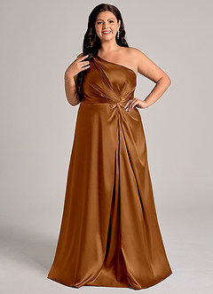 Azazie Brooke Bridesmaid Dresses Copper A-Line One Shoulder Metallic Satin Dress image10