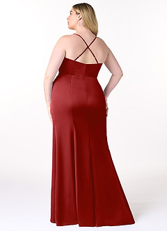 Azazie Marzia Bridesmaid Dresses Pomegranate Sheath Cowl Pleated Stretch Satin Dress image8