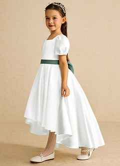 Azazie Zippy Flower Girl Dresses Ivory Eucalyptus A-Line with Sleeves Matte Satin Dress image1