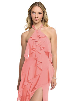 Azazie Velma Bridesmaid Dresses Coral A-Line Side Slit Chiffon Dress image4