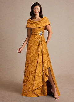 Azazie Branford Mother of the Bride Dresses Butterscotch A-Line Pleated Floral Burnout Dress image4