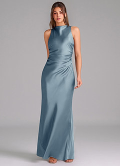 Azazie Evadne Bridesmaid Dresses Dusty Blue Sheath Pleated Stretch Satin Dress image3