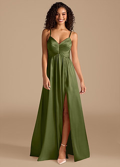 Azazie Alia Bridesmaid Dresses Olive A-Line Pleated Metallic Satin Dress image8