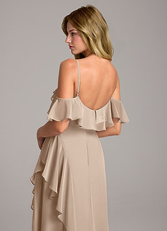 Azazie Aubrie Bridesmaid Dresses Taupe A-Line Off the Shoulder Chiffon Dress image2