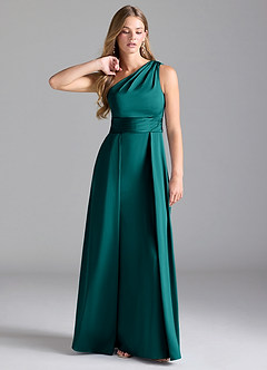 Azazie Dallas Robes de demoiselle d'honneur Robe Trapèze en Satin extensible Ue épaule Paon image1