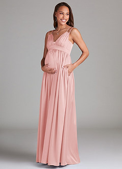 Azazie Emree Robes de demoiselle d'honneur de maternité Robe Trapèze avec poches Longueur ras du sol Satin extensible image3